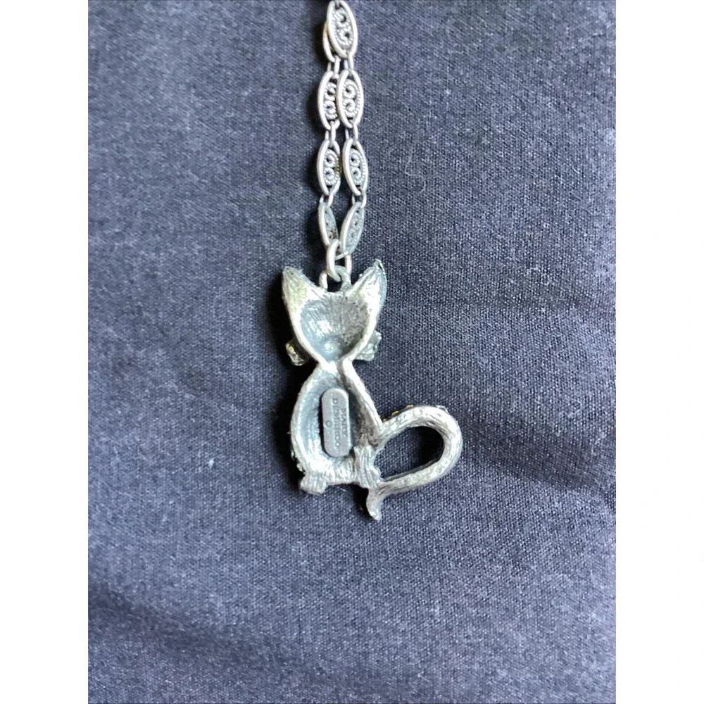 Vtg Mary DeMarco La Contessa Cat Pendant Necklace Rare Hand Clasp Pewter Signed